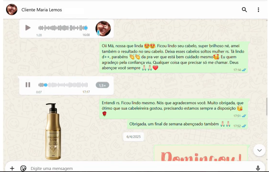 Conversa de cliente elogiando o brilho e o resultado