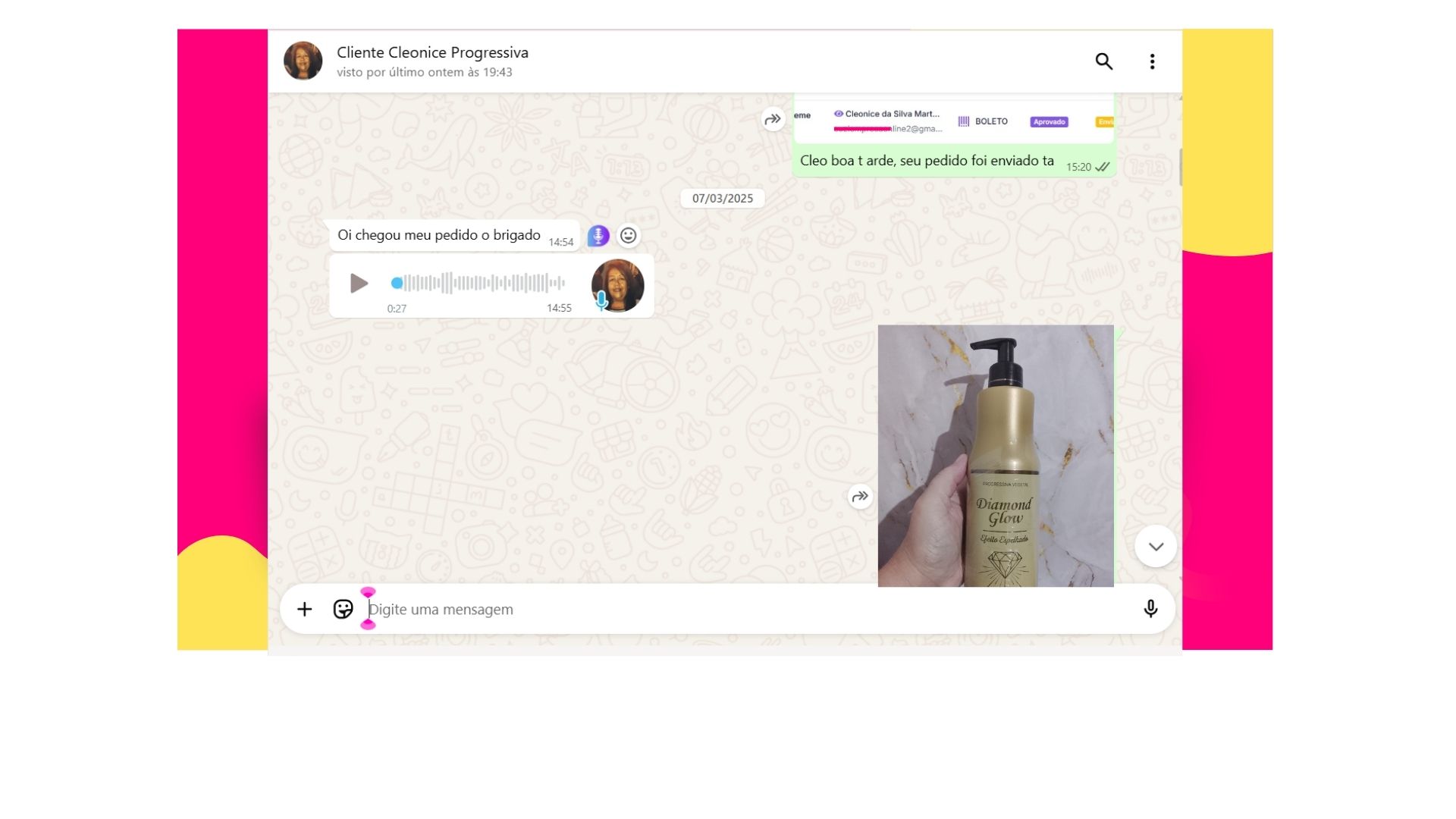 Mensagem de cliente confirmando o recebimento do produto